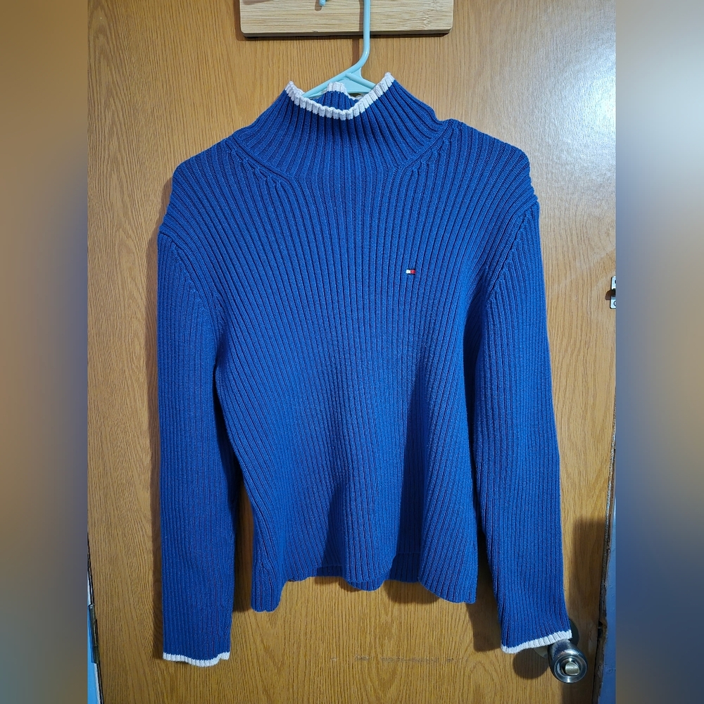 Tommy Hilfiger Womens Blue Ribbed Turtleneck Sweater Size XL Pre Owned